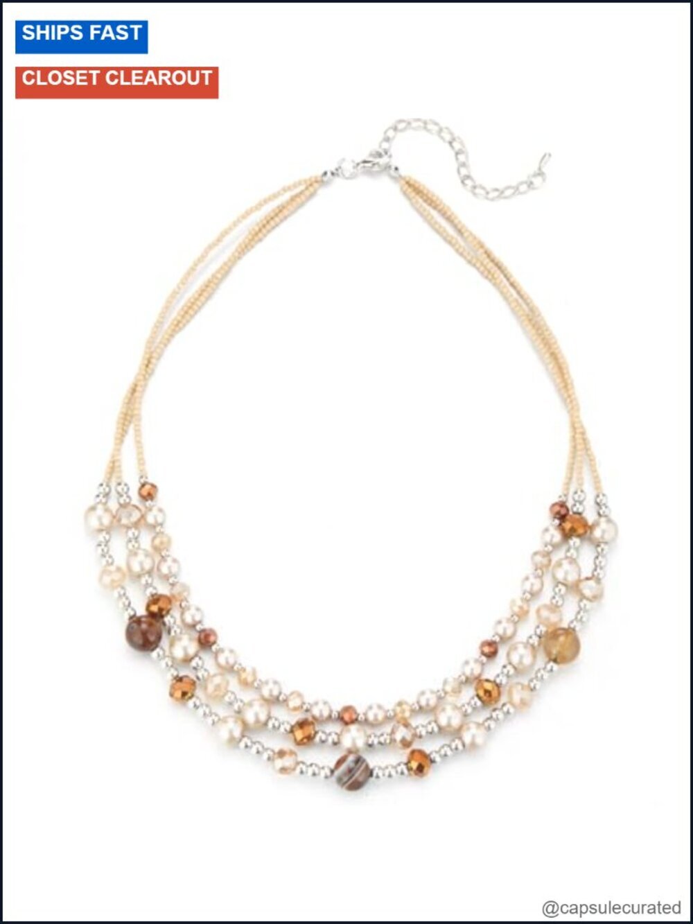 3 Strand Chunky Beaded Necklace Layered Handmade Stone Crystal Pearl
